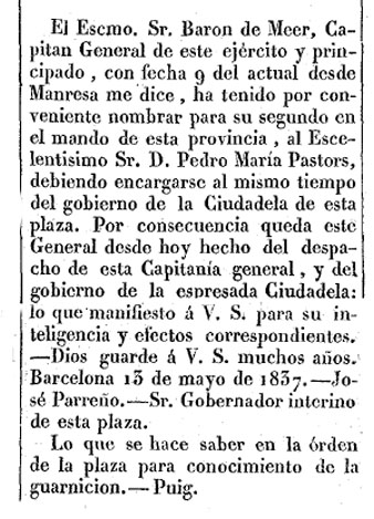 Notícia del nomenament de Pedro María de Pastors com Governador de la Ciutadella de Barcelona