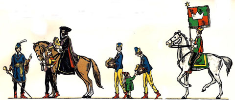 El Magistrat, patges recollint cartes dels nens, i l'abanderat del Rei Melcior. Arribada a Girona de la comitiva dels Tres Reis d'Orient, el 1956. Dibuixos de Joaquim Pla i Dalmau