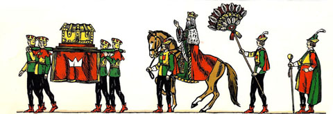 L'ofrena del Rei Melcior, l'or, el Rei i els seus patges. Arribada a Girona de la comitiva dels Tres Reis d'Orient, el 1956. Dibuixos de Joaquim Pla i Dalmau