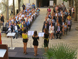 Diada Nacional 2018. Acte institucional al Pati de les Magnòlies, amb parlaments de Marta Madrenas, Miquel Noguer i Pere Vila