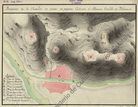 Bosquejo de la cituacion en donde se propone colocar el almacen cencillo de polbora. 1755