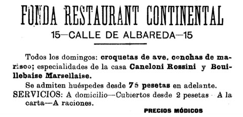 Anunci de la Fonda Restaurant Continental de Girona. 18 de gener de 1910