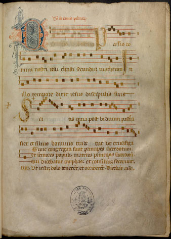 Evangeliari amb els textos de la Passi&oacute; per a ser interpretats a la missa del Diumenge de Rams i dimarts, dimecres i divendres de Setmana Santa. Segle XVI