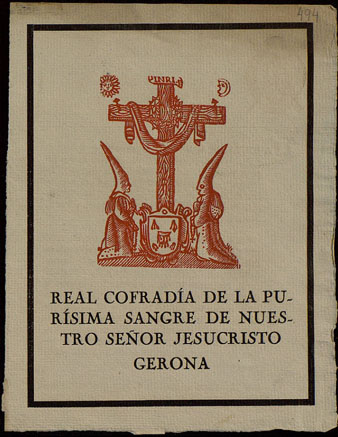 Invitaci&oacute; de la Reial Confraria de la Pur&iacute;ssima Sang de Girona, a una funci&oacute; religiosa el Dimecres Sant. Principis segle XX