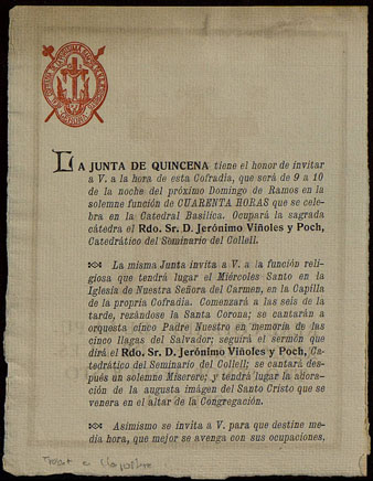 Invitaci&oacute; de la Reial Confraria de la Pur&iacute;ssima Sang de Girona, a una funci&oacute; religiosa el Dimecres Sant. Principis segle XX