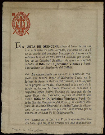 Invitació de la Reial Confraria de la Puríssima Sang de Girona, a una funció religiosa el Dimecres Sant. Principis segle XX
