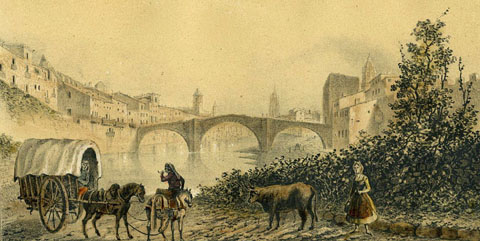 Vista del riu Onyar a Girona, amb el pont de Sant Francesc a la part central i la torre homònima, a la dreta. A l'esquerra del riu, el campanar de les Bernardes i el del convent de Santa Clara. 1839
