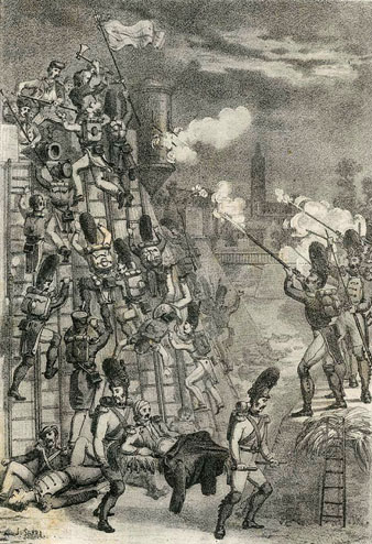 Assalt de les tropes franceses al baluard de Santa Clara, produït durant els setges de la Guerra del Francès a Girona, anys 1808-1809. 1861