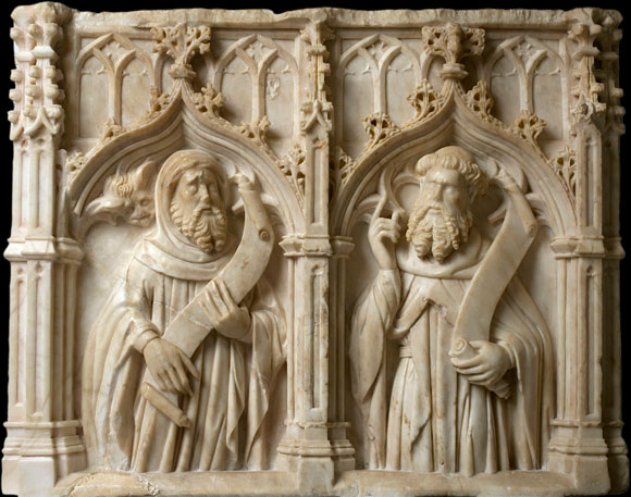 Fragment de predel·la amb dos profetes procedents del retaule major del convent del Carme de Girona. Obra de Pere Oller. Cap a 1415