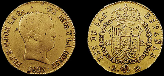 Moneda espanyola de 1823 en la que a Ferran VII se l'anomena rei 'por la Gracia de Dios y la Constitución'