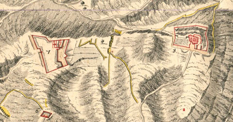 Detall de 'Plan de Gironne et des attaques qui y furent faites pendant le siège de 1694, par monseigneur le mareschal duc de Noailles'. 1694