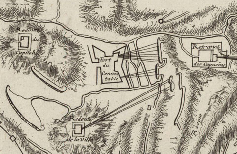 Detall de 'Girone, ville forte d'Espagne, de la province de Catalogne. Elle fut prise par l'Armée du roy dans la campagne de 1694'. 1694