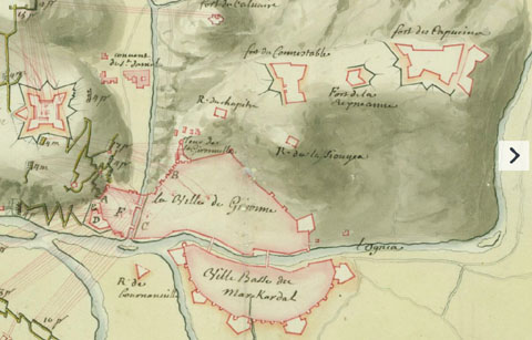 Detall de 'Plan des attaques de Gironne, depuis le 22 décembre que la tranchée a esté ouverte jusqu'au 23 janvier 1711 que la place s'est rendu '. 1711