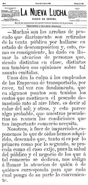 Protesta pel mal estat del peix a les parades. 15 de juliol de 1887