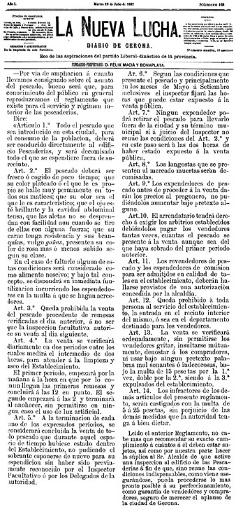 Reglament interior de les peixateries. 19 de juliol de 1887