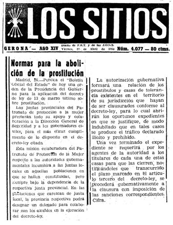 Premsa. Normes per l'abolició de la prostitució. Los Sitios, 27 d'abril de 1956