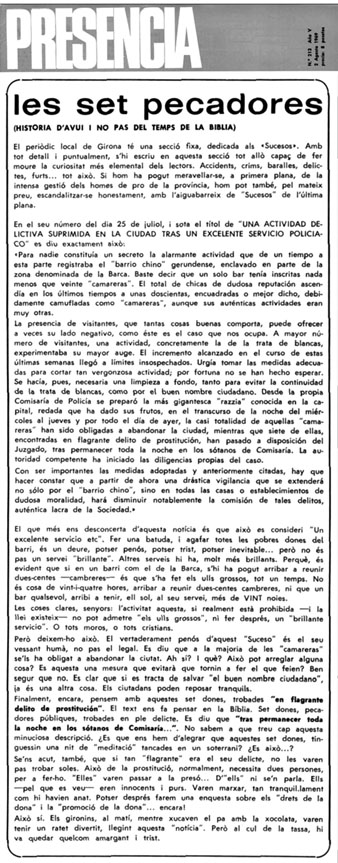 Premsa. Acció policial al 'Barri Xino'. Presència 2 d'agost de 1959