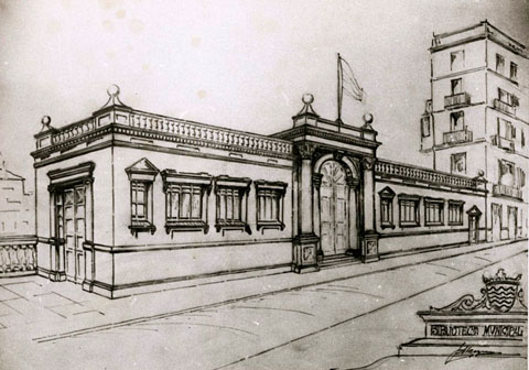 Disseny de l'arquitecte Maggioni del que havia de ser l'edifici de la biblioteca Municipal, que posteriorment passaria a ser Sales d'Exposició Municipals, i avui centre d'informació turística. 1920-1928