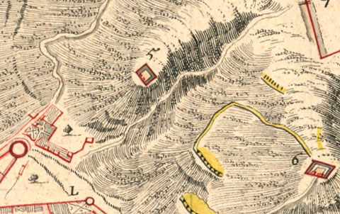 Detall de 'Plan de Gironne et des attaques qui y furent faites pendant le siège de 1694, par monseigneur le mareschal duc de Noailles'. 1694