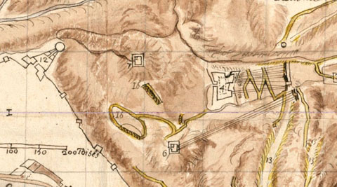 Plan de la ville de Gironne ses forts et redouttes, attaques et tranchées. 1694. Amb el número 16 s'indiquen 'batteries qui n'ont poivu tiré'