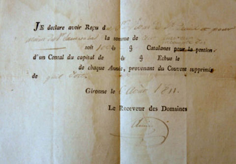 Rebut de cent lliures dels dominis del monestir suprimit de Sant Daniel. 6 d'agost de 1811
