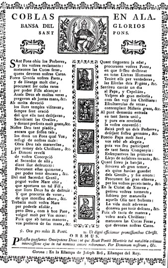 Cobles a sant Pon&ccedil;. Sant Pons ohiu los Preberes,
y los vostres reclamants: mataunos las Cucas feras, quens devoran nostras Carns