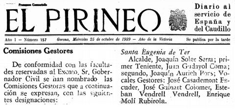 Notícia del diari 'El Pirineo' del 25 d'octubre de 1939 amb el nomenament de la comissió gestora de Santa Eugènia