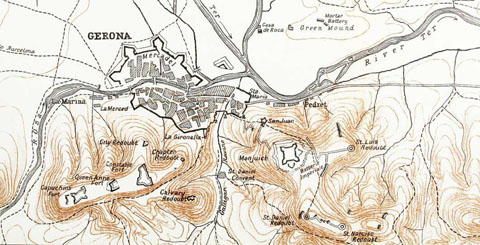 Detall de plànol britànic de la situació de la ciutat durant els setges de 1808-1809