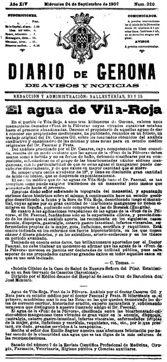 Article publicat al 'Diario de Gerona de avisos i notícias' del 24 de setembre de 1902 sobre l'aigua de la Font de la Pólvora