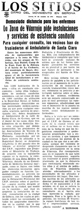 Article publicat al diari 'Los Sitios' del 30 d'octubre de 1975, on s'exposen les manques de serveis sanitaris al barri