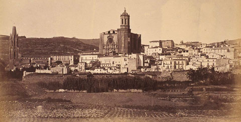 Vista del barri Vell amb les hortes en primer terme. En segon terme, el tram de muralla comprès entre el baluard de Figuerola, a l'esquerra i el baluard de la Santa Creu, a la dreta. 1877