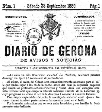 Anunci de la festa d'aniversari de la l'associació 'La Odalisca' al Saló Odeon. 28 de setembre de 1889