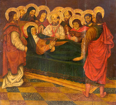 'Dormició de la Marededéu', a la manera del Mestre de la Dormició de Solsona. Autor desconegut. Ca. 1974. Oli i tremp sobre fusta