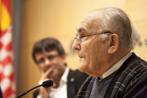 Roda de premsa a la sala Miquel Diumé de l'Ajuntament de Girona per presentar el mapping que es projectà a la façana de la Catedral de Girona durant les Fires de Sant Narcís, amb l'alcalde de Girona, Carles Puigdemont i Domènec Fita. 31/10/2014