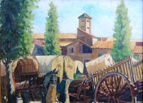 Els carros del mercat. Antoni Varés Martinell. 1940. Oli sobre tela