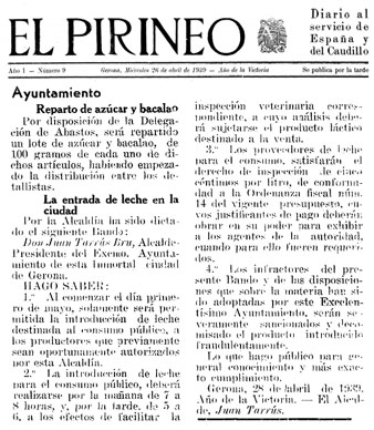 Disposicions municipals sobre la venda de sucre, bacall&agrave; i llet a la ciutat