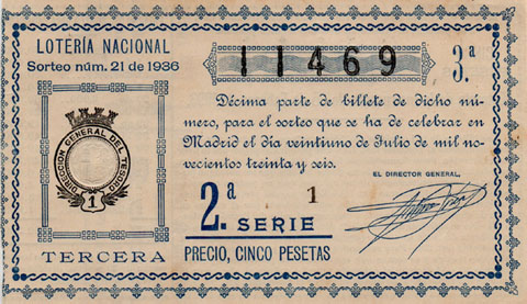 Dècim de la 'Loteria Nacional' del 21 de juliol de 1936