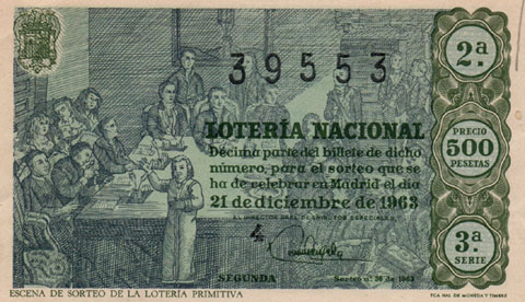 Dècim de la 'Loteria Nacional' del 21 de desembre de 1963, amb un gravat d'una escena dels sorteig de la 'Loteria Primitiva'