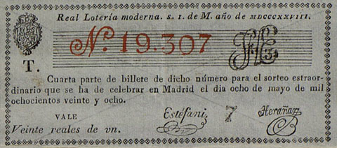 Real Lotería Moderna, S.I. de M. año de MDCCCXXVIII. Participació d'un bitllet de loteria per a un sorteig extraordinari. 1828