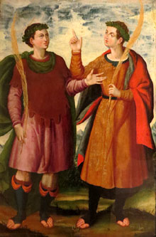 Taula de retaule que representa els Sants Metges (Sants Cosme i Damià). Segle XVI. Tremp sobre fusta