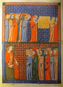 Trasllat de l'Arca de l'Aliança. El pobre jueu davant el Faraó. Segle XIV