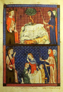 Hagadà de Sarajevo, llegida a taula durant el sopar de Pasqua o Séder de Péssah. Ca. 1350. Catalunya. Facsímil