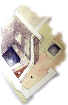 Reconstrucció ideal del bany ritual. Dibuix de J. Sagregra. Panell informatiu