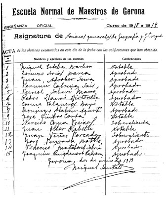 Llista de qualificacions dels primers alumnes que Miquel Santal&oacute; va tenir a la Normal de Girona, el curs 1918-1919