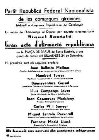 Homenatge a Miquel Santal&oacute; el 24 de  setembre de  1933 a la pla&ccedil;a de braus de Santa Eug&egrave;nia