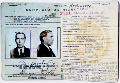 Targeta d'identificaci&oacute; de Miquel Santal&oacute; emesa pel Servei de Migraci&oacute; de M&egrave;xic el 14 d'agost de 1943