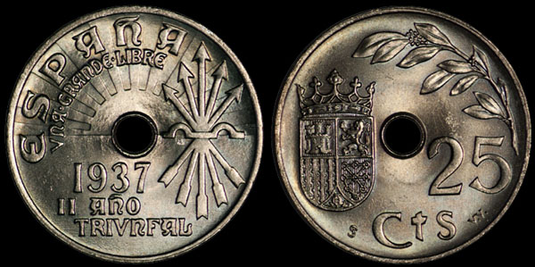 Moneda de 25 c&egrave;ntims de pesseta emesa el 1937