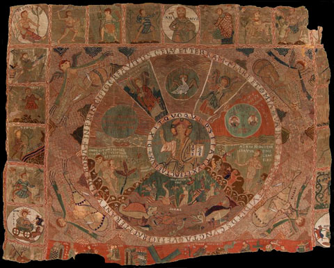 L'anomenat Tap&iacute;s de la Creaci&oacute;, brodat amb fils de llana de colors sobre tela de lli. Finals del segle XI - principis del XII