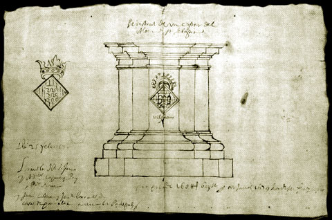 Traça del pedestal del retaule de Sant Sebastià i Santa Caterina, Jaume Buixó i Josep Cisterna. 1679