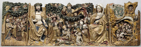 Jesucrist i la Mare de Déu intercedeixen davant Déu Pare pels empestats de totes edats i condicions socials. Relleu del Mestre de Biberach, Ca. 1520